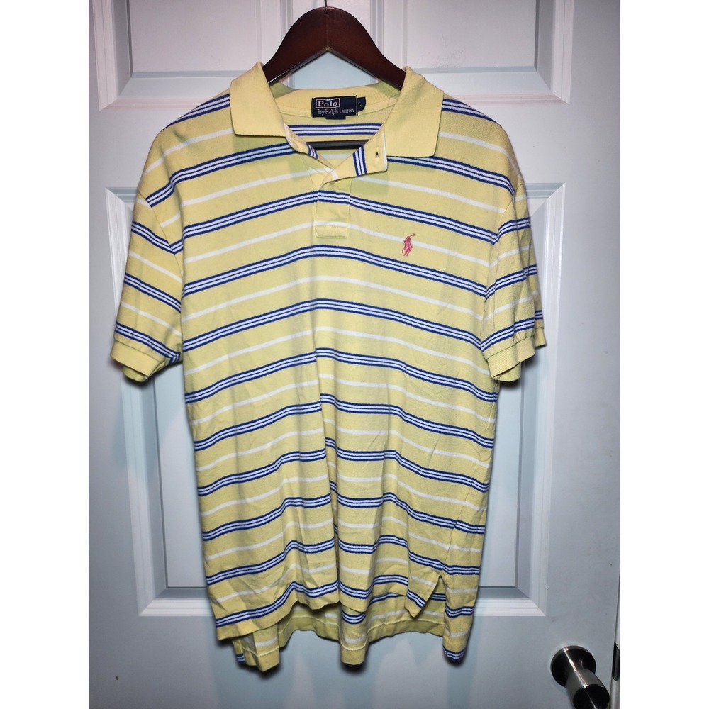 Vintage 90s Polo Ralph Lauren Striped Polo Shirt Mens Large Yellow Blue Pique